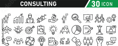 Set of 30 icons related to consulting. Linear icon collection. Editable stroke. Vector illustration collection