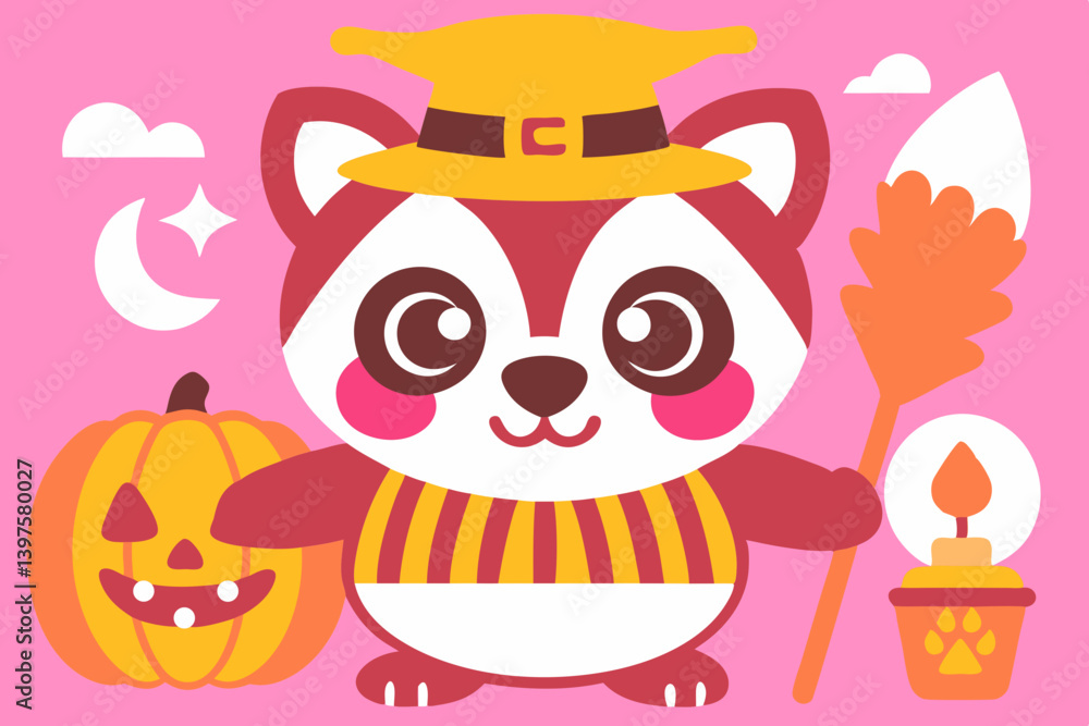 A charming raccoon in a witch's hat, happily holding a jack-o'-lantern and a glowing lantern on a whimsical pink background. A charming raccoon in a witch's hat, happily holding a jack-o'-lantern and a glowing lantern on a whimsical pink background.