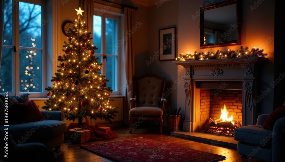 Darkened room with Christmas tree and twinkling lights on the mantel, mantel, dark room Darkened room with Christmas tree and twinkling lights on the mantel, mantel, dark room