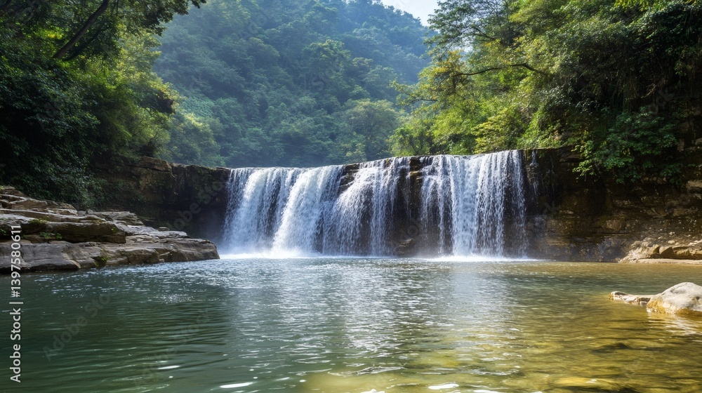Fototapeta premium Serene waterfall cascading into a tranquil pool, lush green hills backdrop