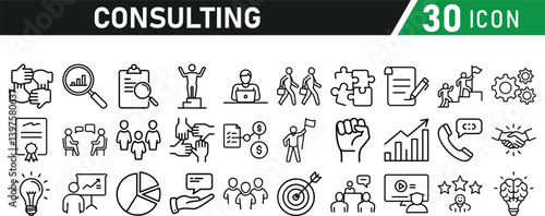 Set of 30 icons related to consulting. Linear icon collection. Editable stroke. Vector illustration collection