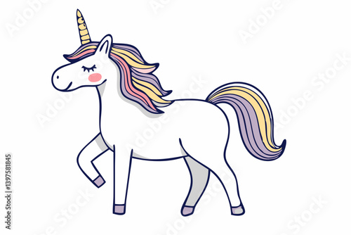A whimsical, pastel unicorn with a rainbow mane and tail, prancing playfully on a white background, displaying a charming, childlike innocence.