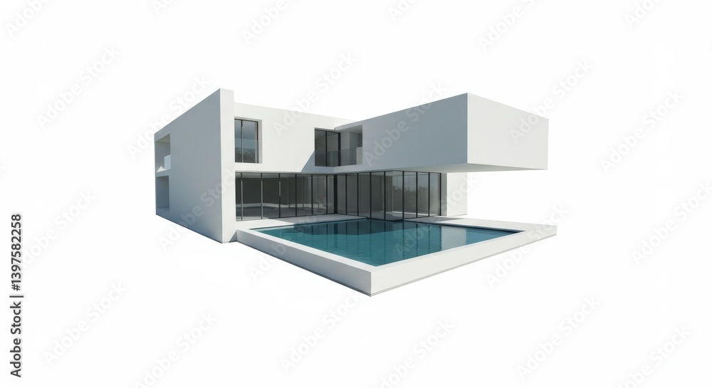 Architectural visualization of a sleek modern villa with a pristine outdoor pool Architectural visualization of a sleek modern villa with a pristine outdoor pool