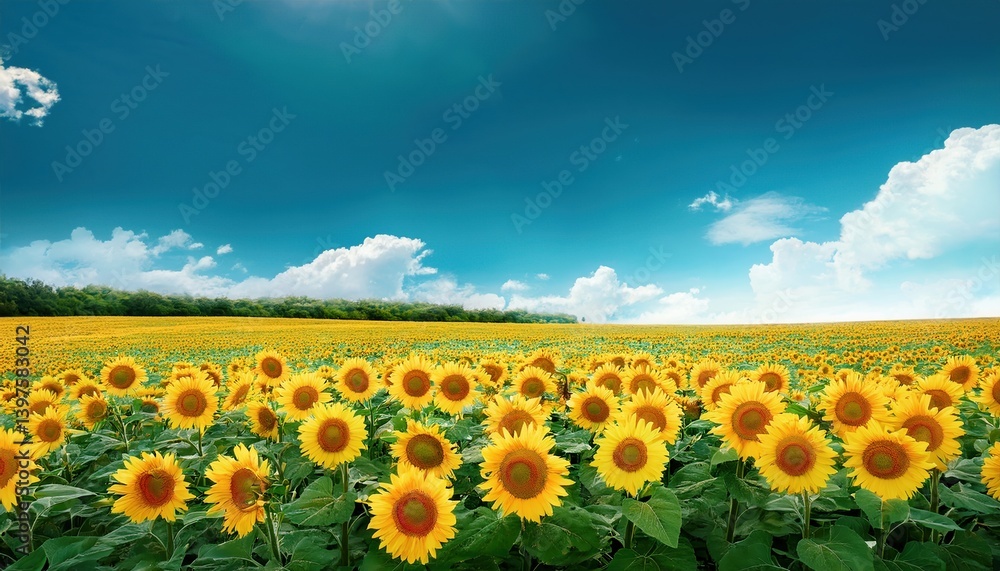 Fototapeta premium Golden sunflowers stretch across a vast field, basking in sunlight with a clear sky above.