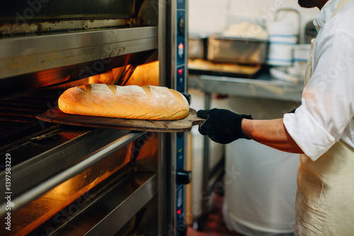 A baker placing freshly baked bread into an oven using a wooden peel.