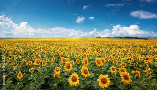A vast expanse of sunflowers blooms under a clear blue sky, absorbing sunlight in summer.