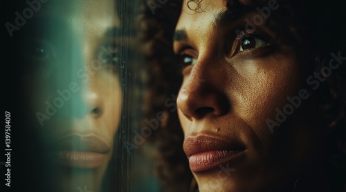 a black woman is looking through the window, we can see the reflection of her face on the glass, she looks sad and alone