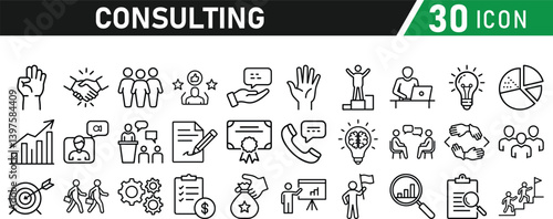 Set of 30 icons related to consulting. Linear icon collection. Editable stroke. Vector illustration collection