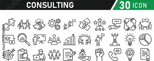 Set of 30 icons related to consulting. Linear icon collection. Editable stroke. Vector illustration collection