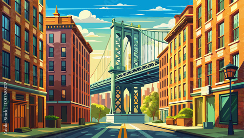 Manhattan bridge seen from a narrow alley enclosed by two brick buildings on a sunny day in summer