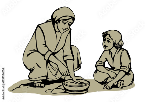 Vector illustration. Woman with her son