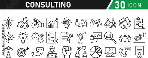 Set of 30 icons related to consulting. Linear icon collection. Editable stroke. Vector illustration collection