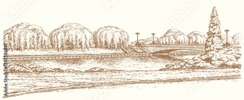 Vector landscape. Panoramic views of the river promenade