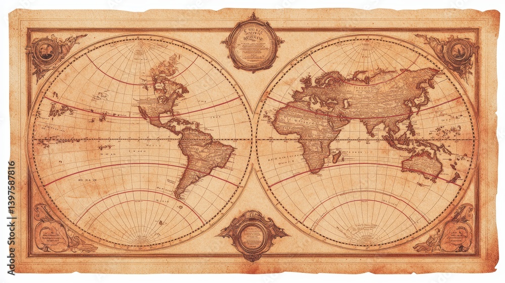 Fototapeta premium A vintage style world map on aged parchment with intricate illustrations.