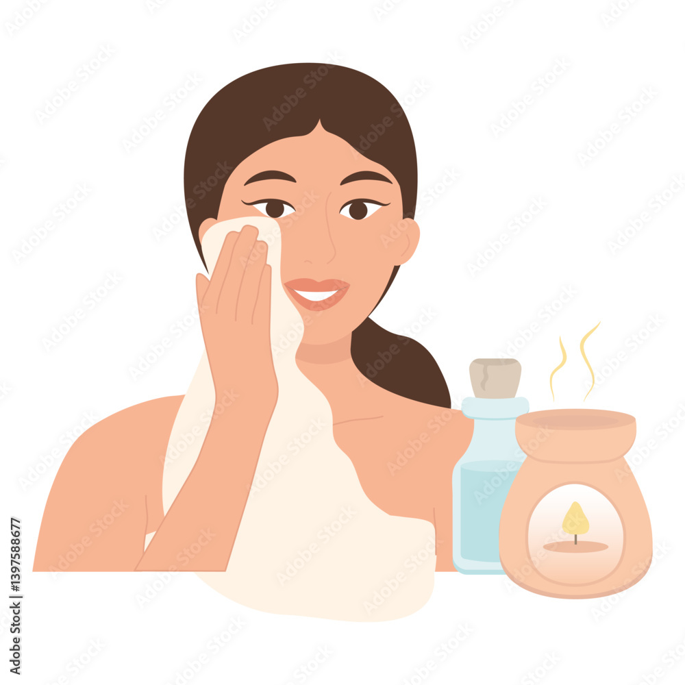 Smiling woman, girl wiping her face with a towel, after cosmetic procedures. Nearby are a bottle with a cosmetic product and an aroma lamp with steam, an atmosphere of comfort and self-care, vector il Smiling woman, girl wiping her face with a towel, after cosmetic procedures. Nearby are a bottle with a cosmetic product and an aroma lamp with steam, an atmosphere of comfort and self-care, vector il