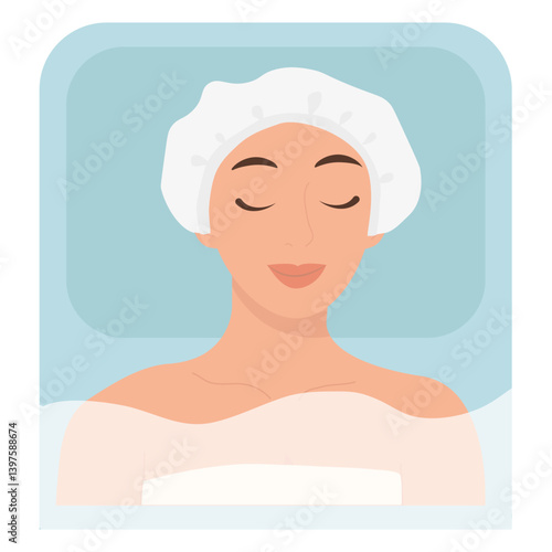 Woman, girl with closed eyes lying on spa procedure. She is in white cap and wrapped in towel, looks relaxed and peaceful on blue background, vector illustration