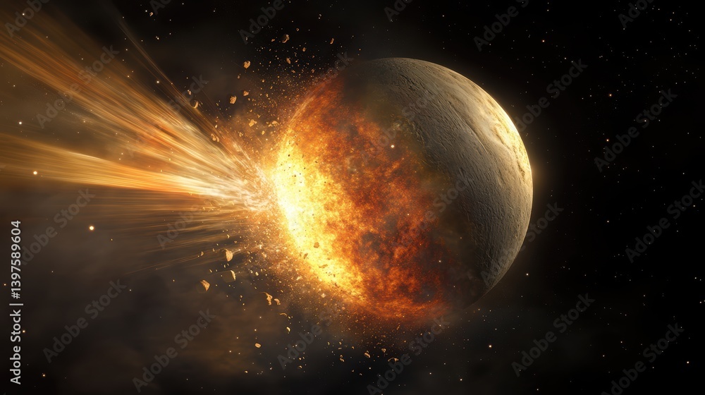 Fototapeta premium A celestial body breaking apart while trapped in a decaying orbit.