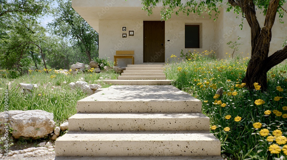 Modern concrete staircase leading to a peaceful home Modern concrete staircase leading to a peaceful home
