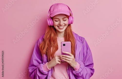 Happy, redheaded woman wearing a pink cap and purple jacket, using a smartphone with headphones, smiling as she holds a mobile phone, isolated against a pastel background, with space for text.