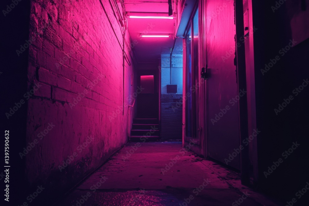 Abandoned alleyway with neon noir lighting and deep shadows on the left Abandoned alleyway with neon noir lighting and deep shadows on the left