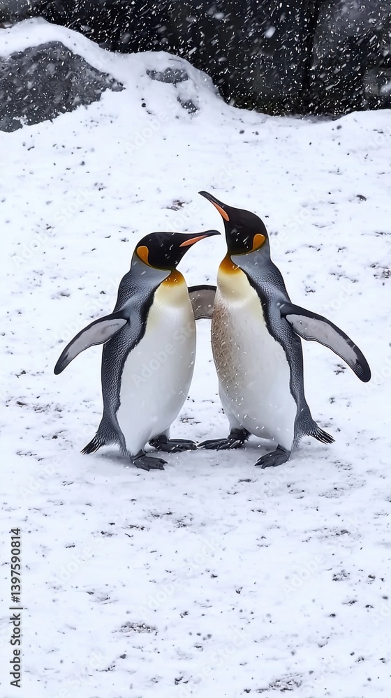 Fototapeta premium King penguin mating couple cuddling in wild nature, snow and ice. Pair two penguins making love. Wildlife scene from white nature. Bird behavior, wildlife scene from nature, South Georgia, Antarctica.