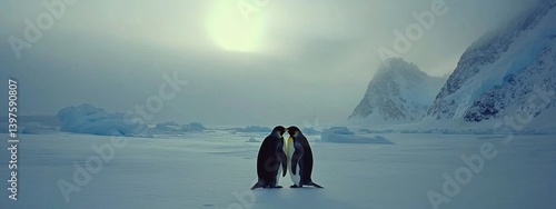 King penguin mating couple cuddling in wild nature, snow and ice. Pair two penguins making love. Wildlife scene from white nature. Bird behavior, wildlife scene from nature, South Georgia, Antarctica.