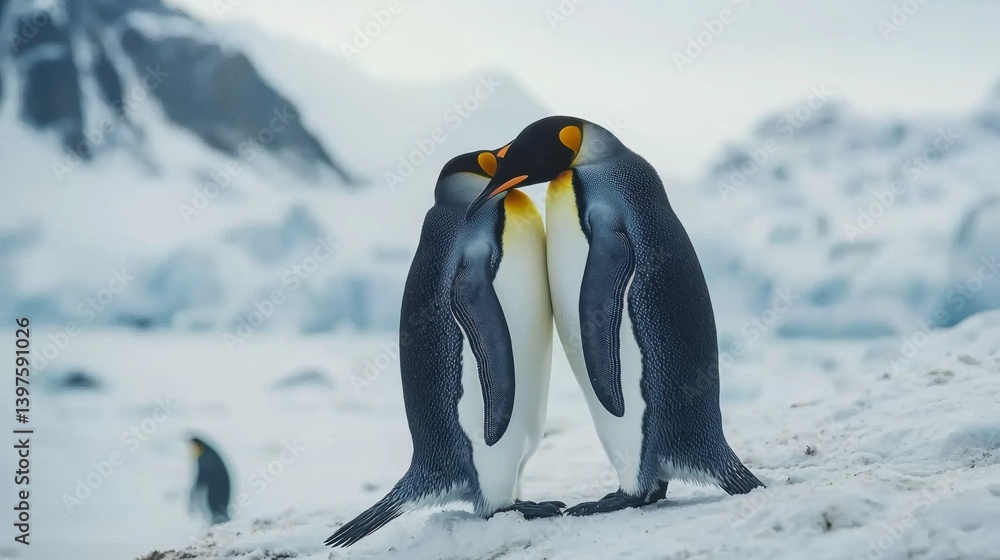 Obraz premium King penguin mating couple cuddling in wild nature, snow and ice. Pair two penguins making love. Wildlife scene from white nature. Bird behavior, wildlife scene from nature, South Georgia, Antarctica.