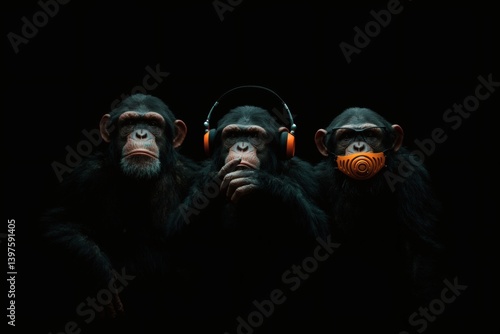 Not to see, not to hear, not to speak  Three wise rap monkeys. Kikazaru, Iwazaru, Mizaru on a black background. 