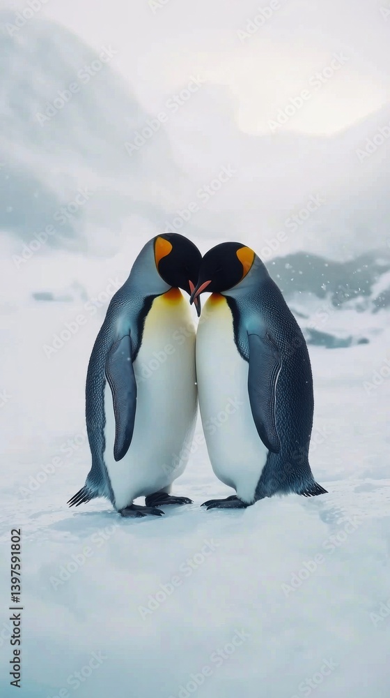 Obraz premium King penguin mating couple cuddling in wild nature, snow and ice. Pair two penguins making love. Wildlife scene from white nature. Bird behavior, wildlife scene from nature, South Georgia, Antarctica.