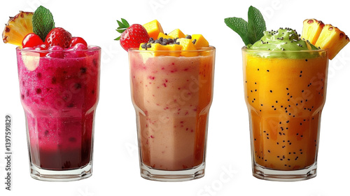Three colorful fruit smoothies in clear glasses, garnished with fresh fruit and mint leaves