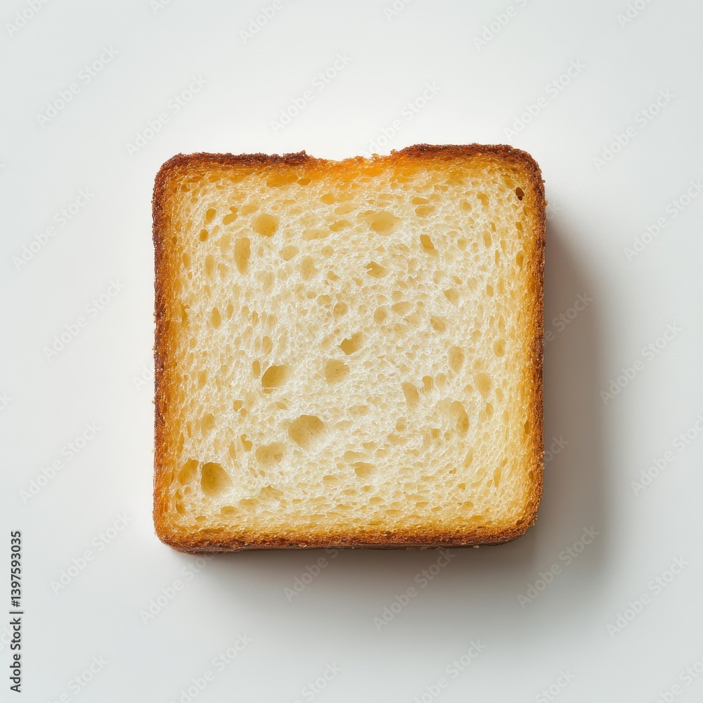 A single square slice of toasted bread with a golden crust isolated on white background A single square slice of toasted bread with a golden crust isolated on white background