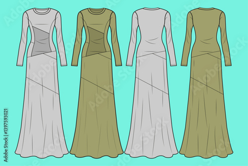 Ladies long-sleeve long leg Party dress fashion flat sketch outline CAD mockup template.