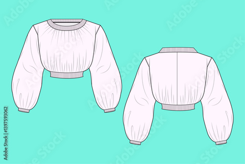 Ladies Puff sleeve crew neck sweatshirt Black and White flat sketch outline CAD mockup template.