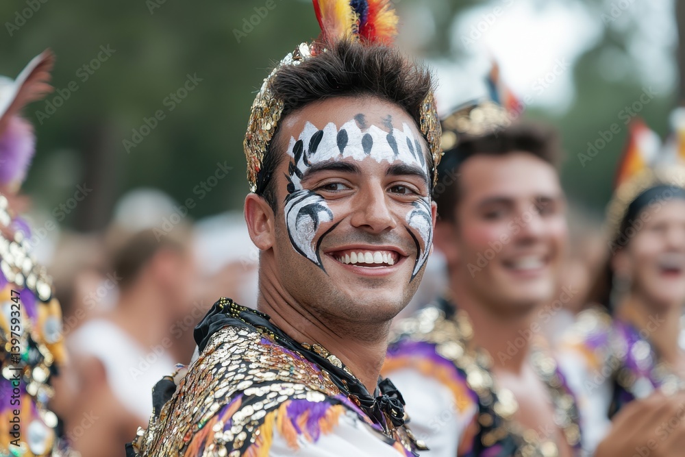 Fototapeta premium A cheerful performer wearing an elaborate costume and face paint joyfully engages with the crowd, showcasing the festive spirit and artistic expression at a lively outdoor event.