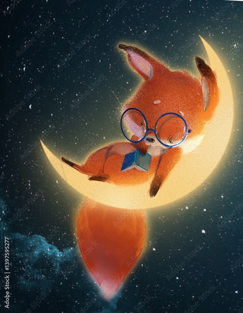 Naklejka premium cute fox sleep on the moon