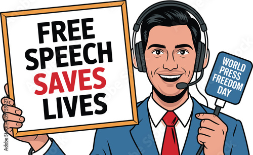 World Press Freedom Day Concept with Microphone, Newspaper, Camera, and Journalistic Symbols in Modern Flat Vector Style – Ideal for Media Rights, Journalism, and Freedom of Speech Themes