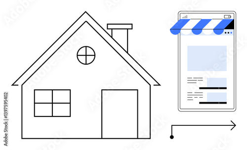 House outline with chimney next to a mobile interface showing an online store and striped awning. Ideal for e-commerce, digital transformation, business growth, online presence, retail innovation