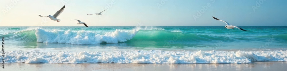 Fototapeta premium Ocean waves gently lapping at shoreline with seagulls flying overhead, beach, waves