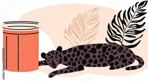 A stylized illustration of a sleeping leopard with abstract leaves