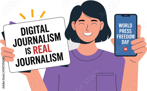 World Press Freedom Day Concept with Microphone, Newspaper, Camera, and Journalistic Symbols in Modern Flat Vector Style – Ideal for Media Rights, Journalism, and Freedom of Speech Themes