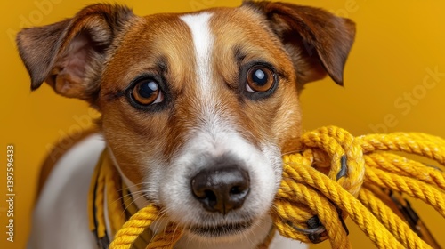 Jack Russell dog playfully holds yellow leash in mouth against bright yellow background
