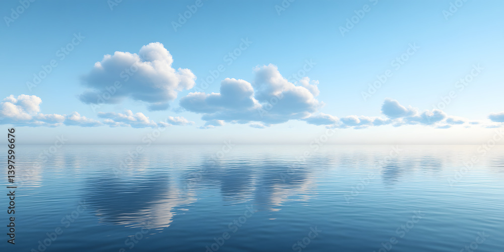 Fototapeta premium Gentle waves create a mirror-like reflection of clouds in a clear blue sky at dawn