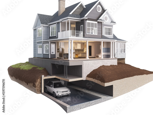 Cross-sectional view of multi-level house layout, revealing interior design and construction details, with basement garage and soil foundation illustrated, PNG file isolate on transparent background, 