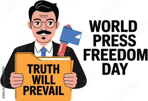 World Press Freedom Day Concept with Microphone, Newspaper, Camera, and Journalistic Symbols in Modern Flat Vector Style – Ideal for Media Rights, Journalism, and Freedom of Speech Themes