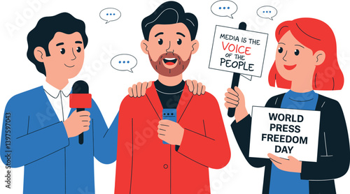 World Press Freedom Day Concept with Microphone, Newspaper, Camera, and Journalistic Symbols in Modern Flat Vector Style – Ideal for Media Rights, Journalism, and Freedom of Speech Themes