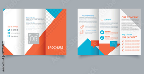 Creative Corporate Trifold Brochure Template with Blue and Orange Abstract Design. For IT company. Marketing Layout. Editable image.