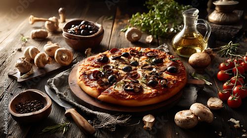 Gourmet pizza with juicy toppings and melted cheese rustic kitchen setting food photography top view