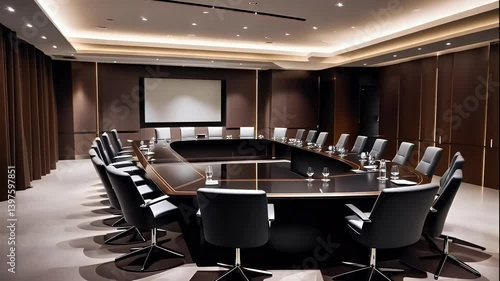 Modern Boardroom Interior with Dark Wood Table