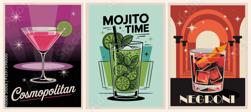 Cocktails retro poster set. Mojito, Cosmopolitan, Negroni. Collection of popular alcohol drinks. Vintage style vector illustrations, bar, pub, restaurant, kitchen wall art print