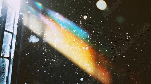 A vibrant rainbow light refraction streaks across a dark, rain-splattered window pane at night.